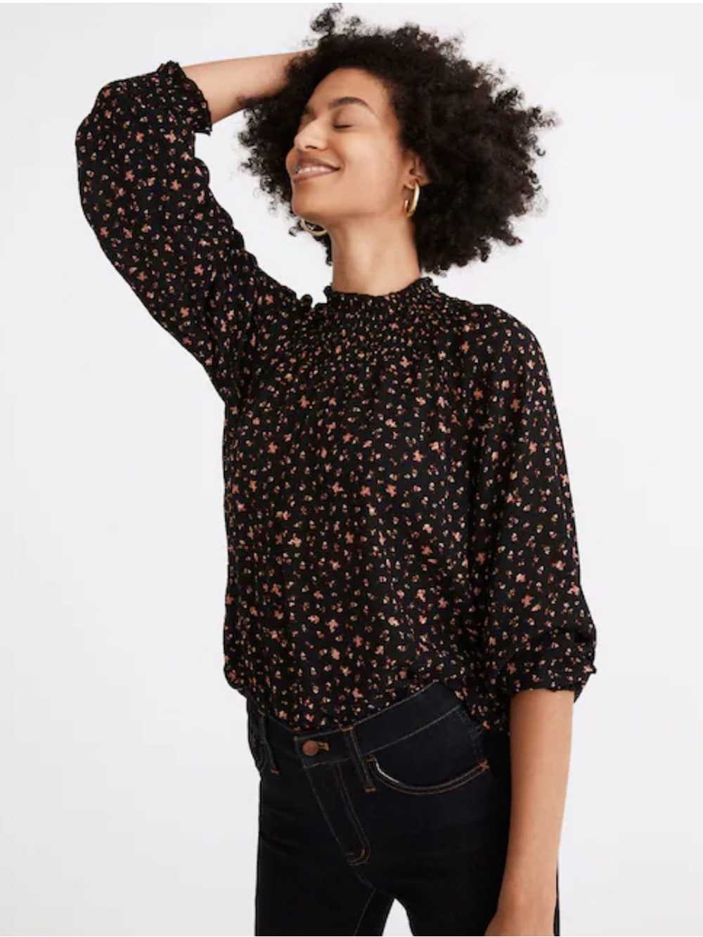 Smocked-Neck Ruffle Top in Stem Scatter
